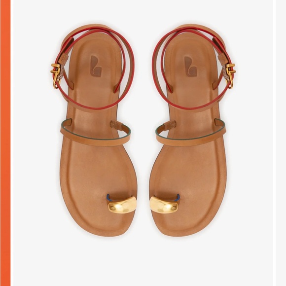 NWT Larroude Caramel Leather Sandals with Gold Accent - Picture 1 of 9